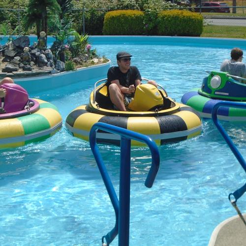 group of adults enjoying bumper boat rides